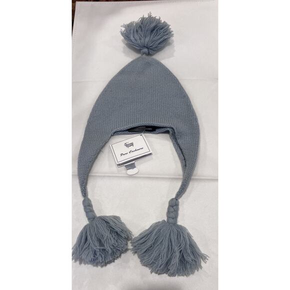 Light Blue 100% Cashmere Hat Central Park pom pom beanie braided tie Hand Knit - Picture 1 of 5